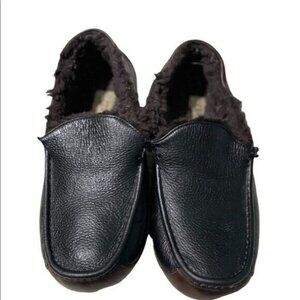 Ugg Mens Leather Sheepskin‎ Moccasin Slippers Size 10 Black & Brown